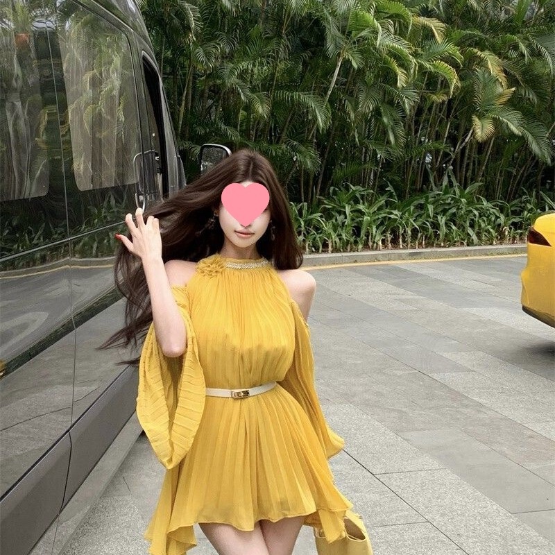 Yellow Floral Off-Shoulder Long-Sleeve Dress for Women, Summer Flared Sleeves, Waist-Cinching Chiffon Dress, Elegant Irregular Short Dress Yellow Floral Off-Shoulder Long-Sleeve Dress for Women, Summer Flared Sleeves, Waist-Cinching Chiffon Dress, Elegant Irregular Short Dress