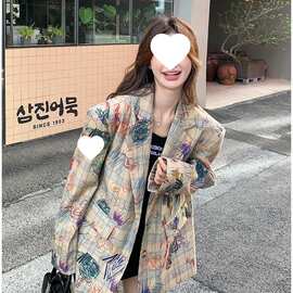涂鸦印花小西装外套女春春新款韩系设计感休闲时尚炸街宽松小西服