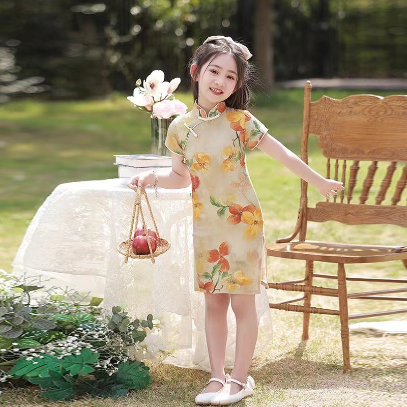 グリーンガールチャイナドレス夏薄い新鮮な中国風のドレス少女キャットウォーク古筝パフォーマンス服デイリー|undefined