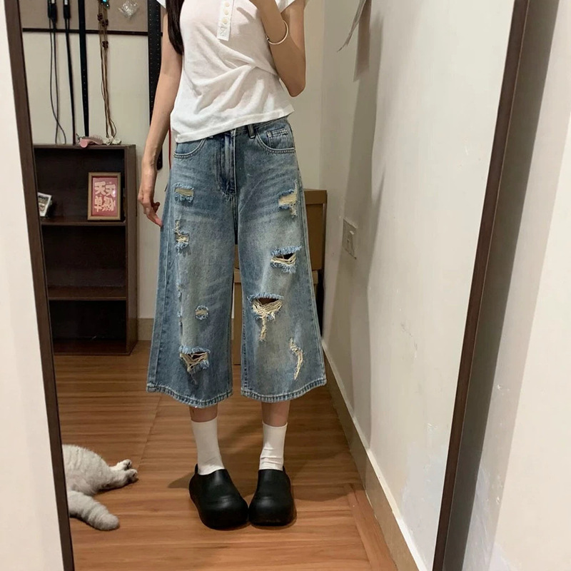 American-Style Light-Colored Ripped Denim Shorts for Women, Summer Thin High-Waisted Loose Straight Wide-Leg Over-The-Knee Shorts