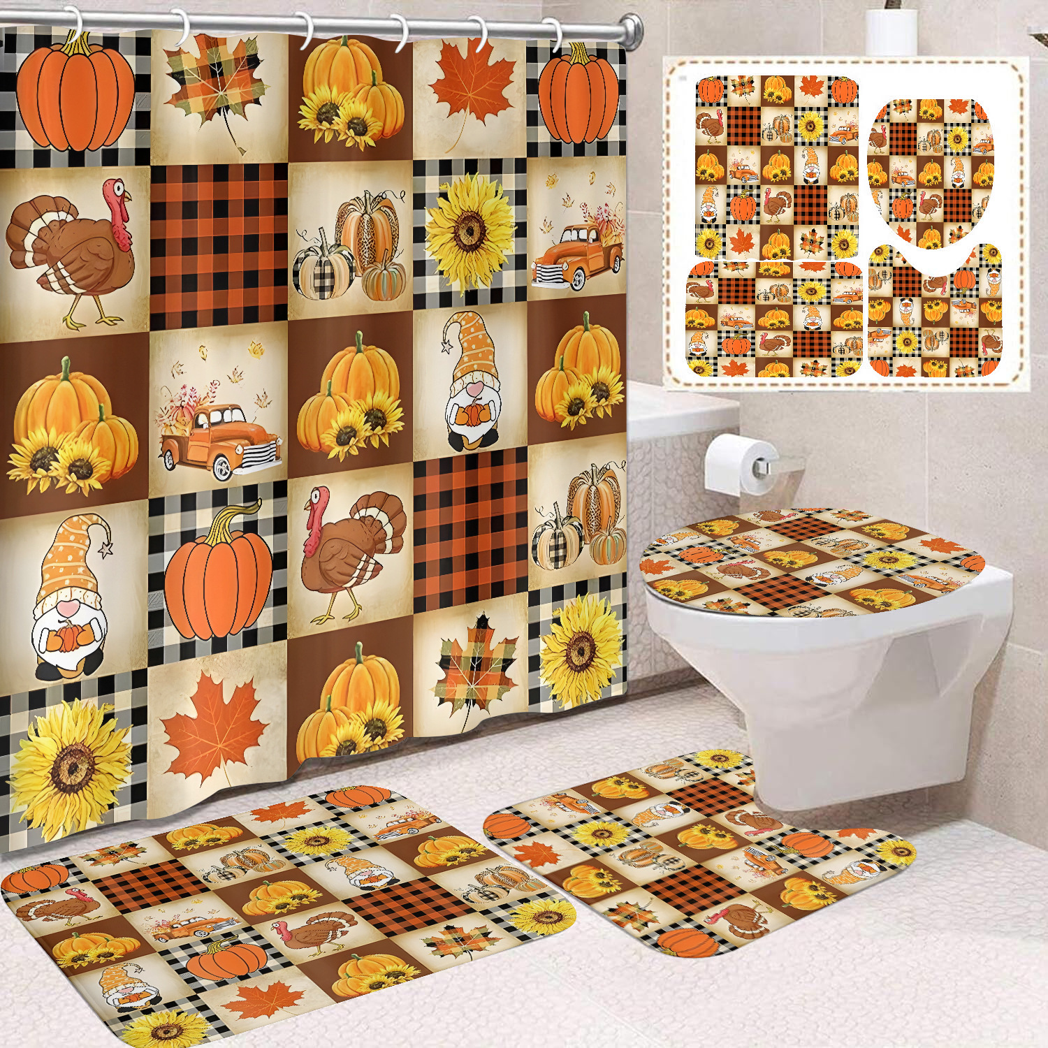 Cortina de ducha de Acción de Gracias, cosecha de otoño, serie de calabaza, cortina de ducha, cortina de baño, cortina de baño impermeable de poliéster, cortina de baño de cuatro piezas image 37
