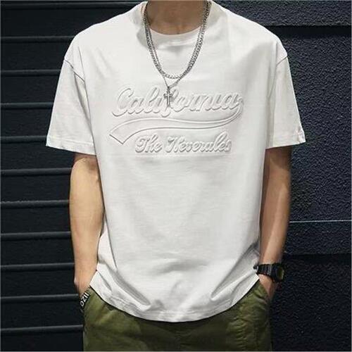Summer Loose Letter Embossed Steel Print Crew Neck Short Sleeve Hong Kong Style Versatile American Trend Brand T-Shirt for Men in Black
