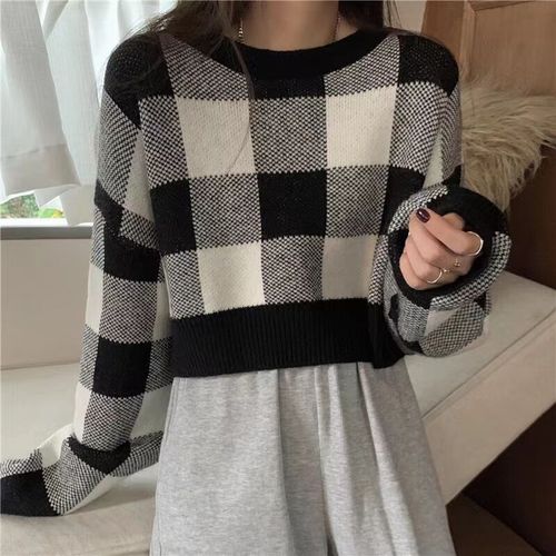 Women's Knit Sweater 2025 Autumn/Winter New Color-blocked Plaid Loose Short Sleeveless Turtleneck Long-sleeved Top
