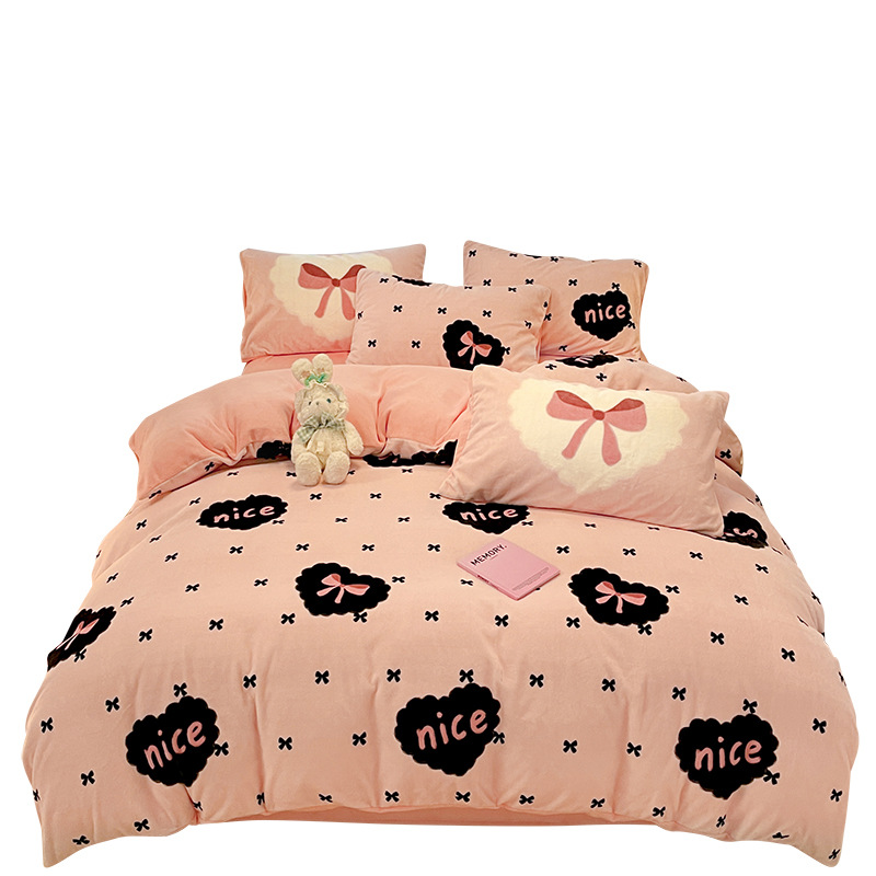 Otoño y invierno leche de seda de dopamina cama de cuatro piezas de seda de coral dormitorio flange sábanas de seda de tres piezas