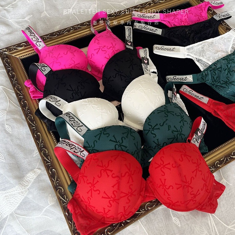 Bright Diamond Letter Cross-Border Underwear in Stock Black and White Series with Underwire Fashion Adjustable Bra Breast-Retracting Bra