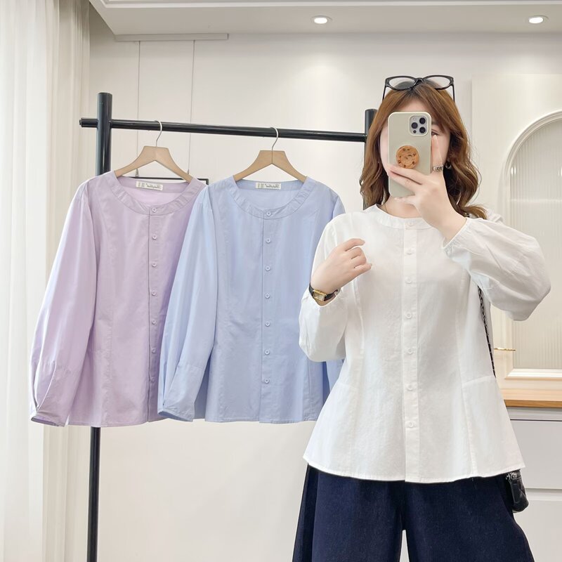 Casual style commuter round-neck single-breasted long-sleeve shirt for women, loose fit, slimming, plus size, artistic blouse 2618