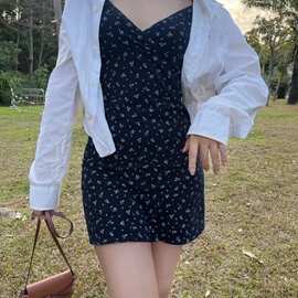 BM风 Brandy同款黑色小清新碎花修身显瘦V领美式辣妹bm吊带连衣裙