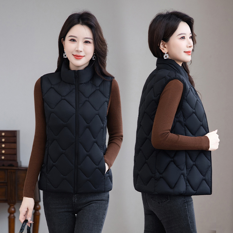 2025 mujeres otoño invierno collar cuadrilátero de diamante grueso chaleco de algodón delgado grueso suelto cremallera bolsillo de algodón clip