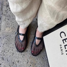 法式镂空芭蕾舞鞋女平底一字扣金属网状玛丽珍鞋女小众设计单鞋