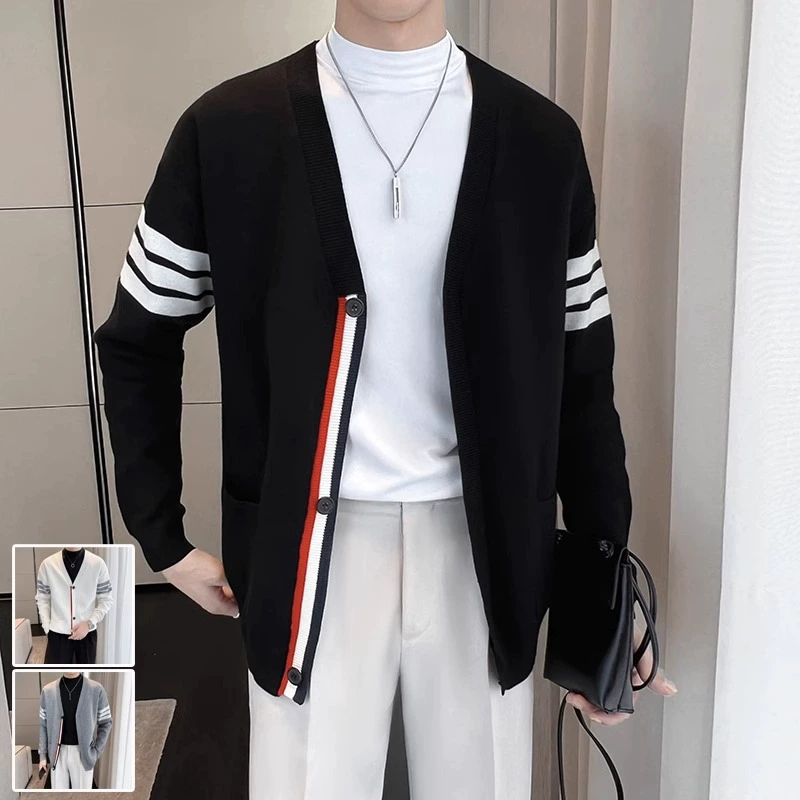 Вязаный мужской кардиган, новинка на весну и осень, модная куртка с V-образным вырезом, мужская одежда с длинным рукавом, мужской свитер в полоску, куртка
