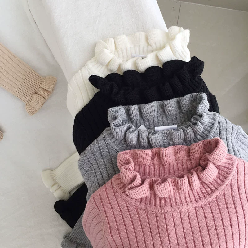 Свитер для девочек, Базовая рубашка, осенне-зимний детский трикотажный топ с высоким воротом в ушной оправе, Детская внутренняя одежда, женский черный