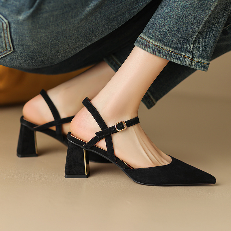 Interior and exterior leather simple block heel work shoes 2023 Summer latest pointed toe sandals women's leather high heel Buckle 40 yards