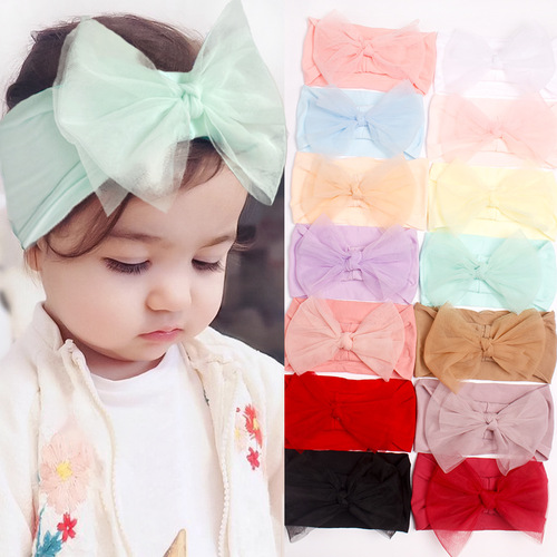 European and American new children's solid color nylon mesh bow headband, baby hair accessories, cute girl headscarf