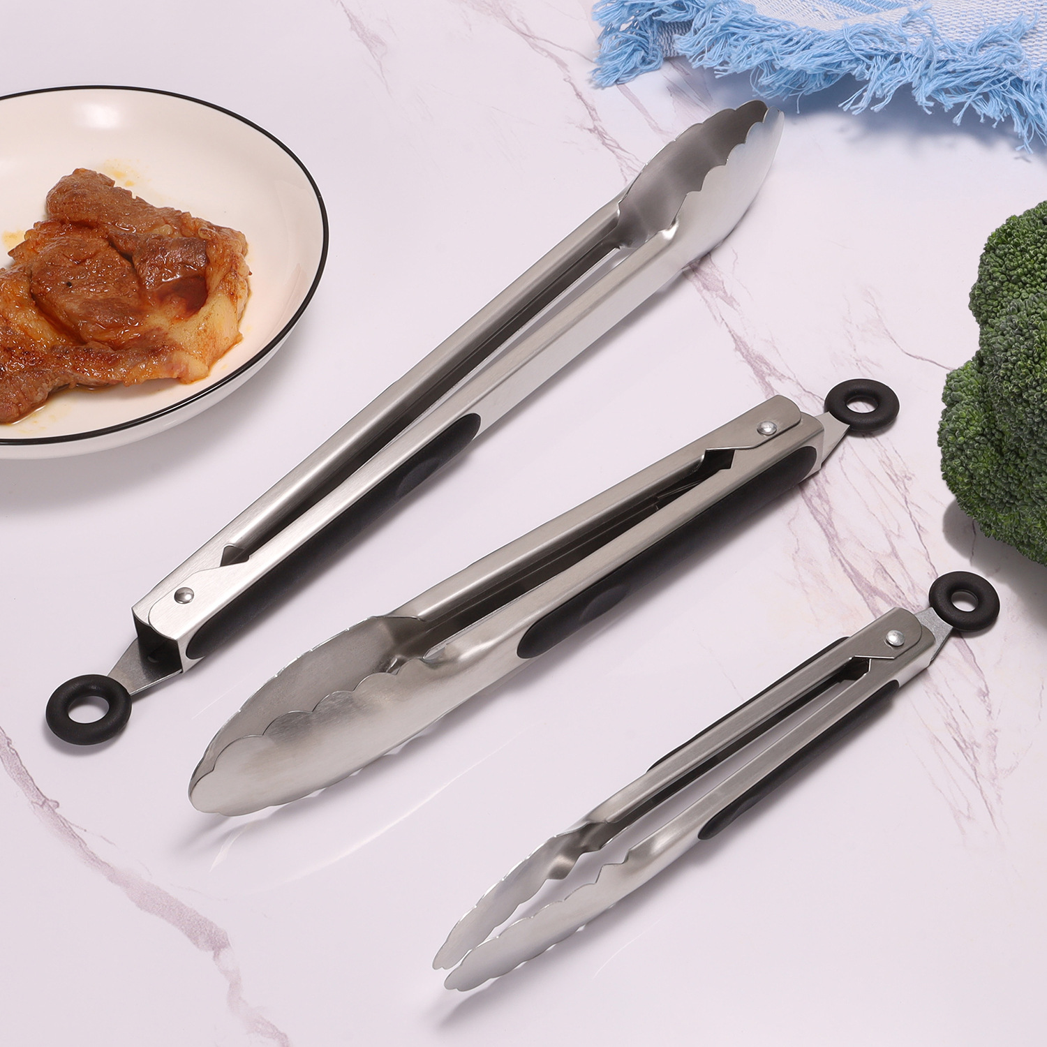 Cross-Border Spot 430 Stainless Steel Food Clips Outdoor Barbecue Barbecue Clips Steak Clips High Temperature Resistant Bbq Food Clips