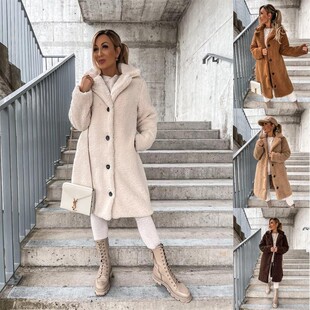 2025 Amazon Autumn and Winter European and American Cross-Border Women's Clothing Popular Plush Long-Sleeved Lapel Women's Plush Top Long Outwear
