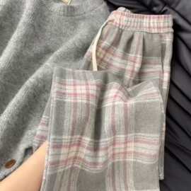 【立体腰头】秋冬季新款高腰灰粉格子裤女直筒宽松休闲复古阔腿裤