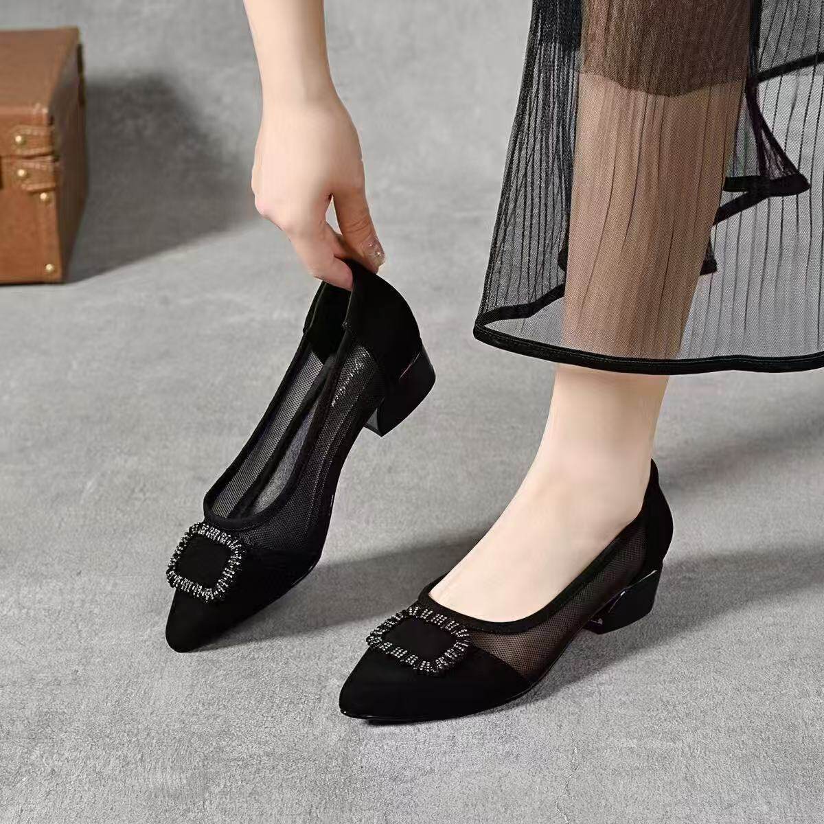 Sandal nữ mũi nhọn chất da, gót thô 3 cm, đế mềm thoáng khí — Đen 3cm chi tiết 4