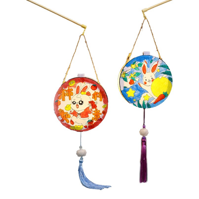 Linterna del Festival del Medio Otoño Paquete de material de producción de bricolaje Lámpara portátil de dibujos animados de madera pintada a mano