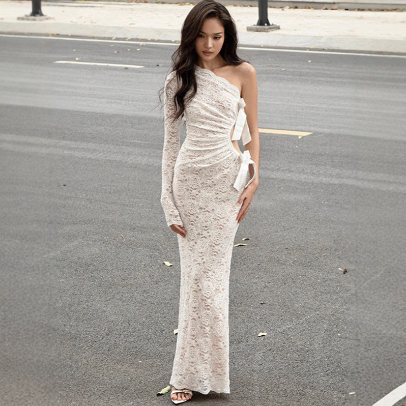 Ins European and American Style 2025 Autumn and Winter New Sexy Lace Bow Cut Out Long-Sleeved One-Shoulder Slope Neck Dress for Women