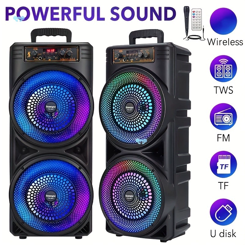 6000W проводной динамик с двумя 8.5-дюймовыми сабвуферами и RGB-подсветкой для вечеринок