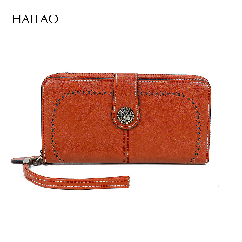 2025 nueva moda retro simple billetera larga de cuero graso para mujer bolso de mano multifuncional de gran capacidad