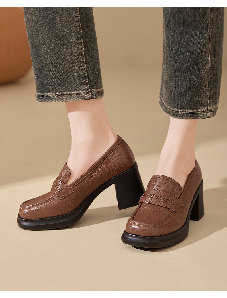Giày loafer nữ da dê đế dày gót vuông 7,5 cm cổ sâu — màu nâu chi tiết 2