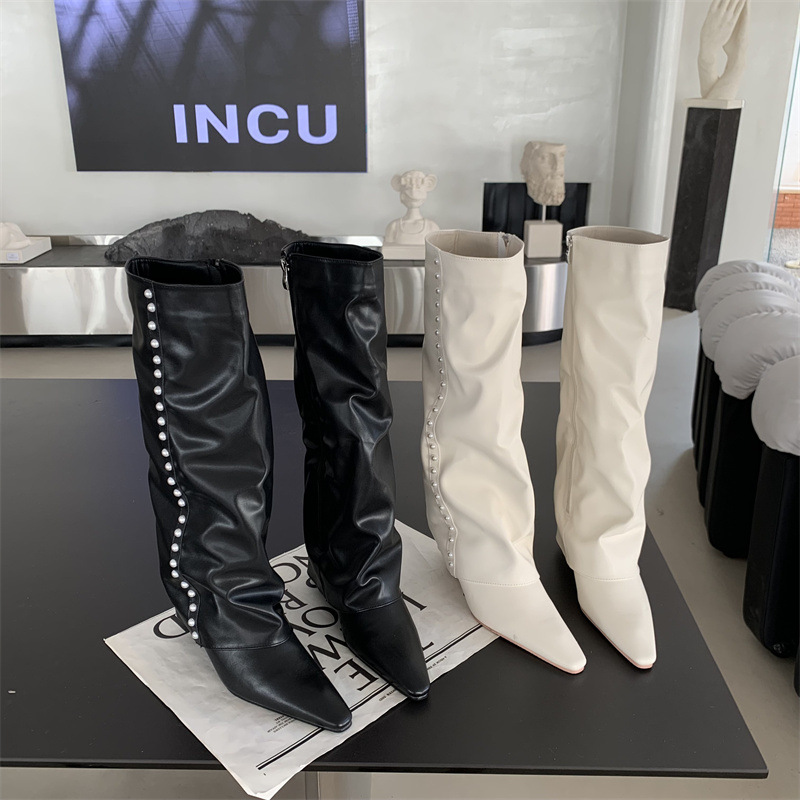 2025年秋冬季新款长靴女不过膝裤管靴牛皮坡跟个性骑士靴女