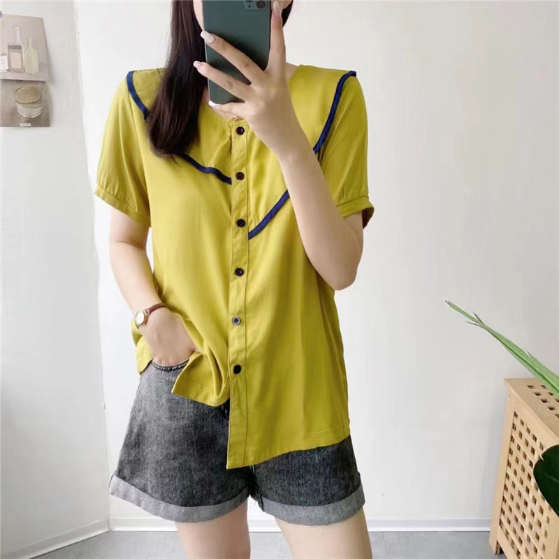 Summer Thin Cotton Short-sleeved Women's New Twill Artificial Cotton Lapel Button Cardigan Top Wear Loose T-shirt