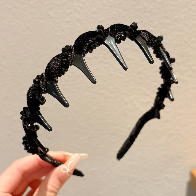 Dulce malla de perlas negras onduladas bandas de cabello para mujeres de alto nivel de sensación de cabello flojo raíz clip de cabello alto cráneo cara pequeña bandas de cabeza