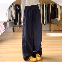 女性用ネイビーブルーオーバーオール2025春夏新作ルーズストレートカジュアル速乾小柄刺繍ワイドレッグパンツ
