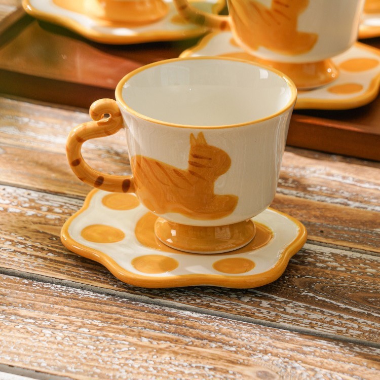 かわいい猫ティーセット午後ティーカップコーヒーカップ猫カップ皿セット黄色オレンジ猫カップ子供カップ|undefined