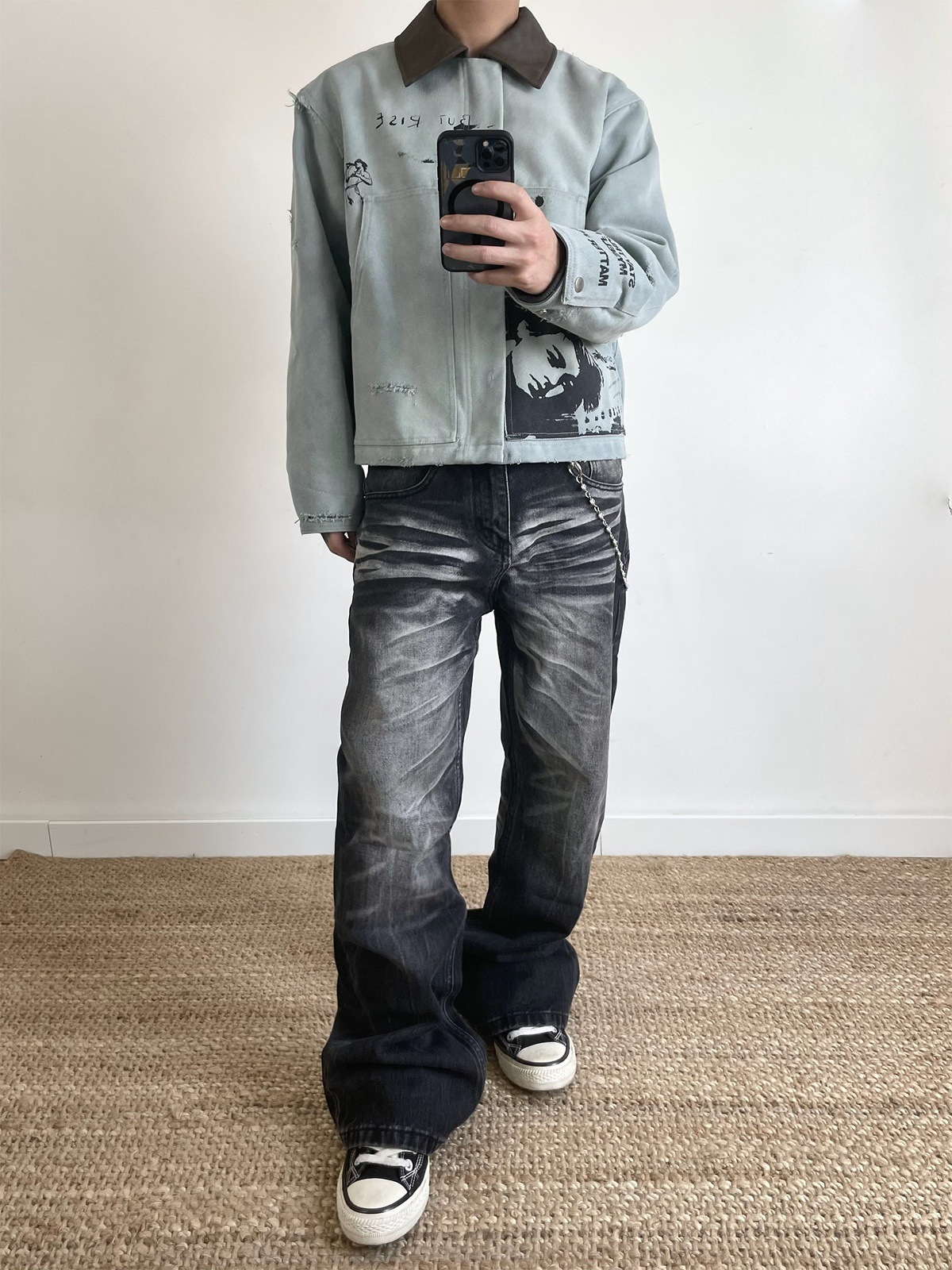 Men's Clothing Distressed Vintage Washed Black Jeans Loose Straight Leg A-Line Fit Men's Denim_voghion.com