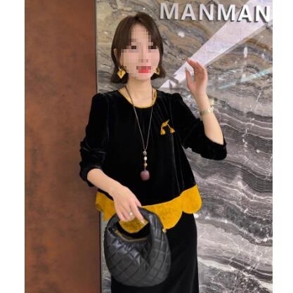 2025 New Autum Women's Fashion Round Neck Buckle Velvet Stitching Long-Sleeved Shirt Tops