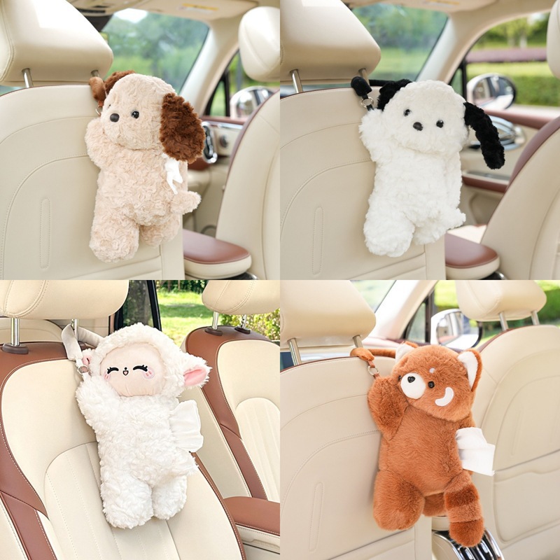 Caja de pañuelos de dibujos animados para coche, bonita y multifuncional, para el respaldo del asiento, funda de felpa colgante para coche, para mujeres.