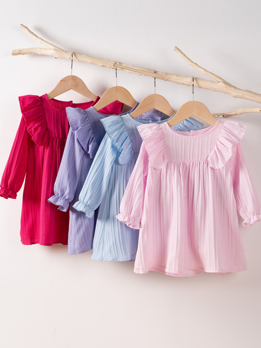 European and American-style girls' spring and autumn dress, ruffled long-sleeved casual skirt for babies, solid-color Korean-style everyday A-line skirt.