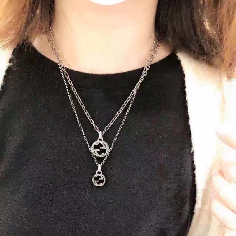 高版古家925双G雕刻花纹个性麻花男女情侣锁骨链复古做旧毛衣项链|undefined
