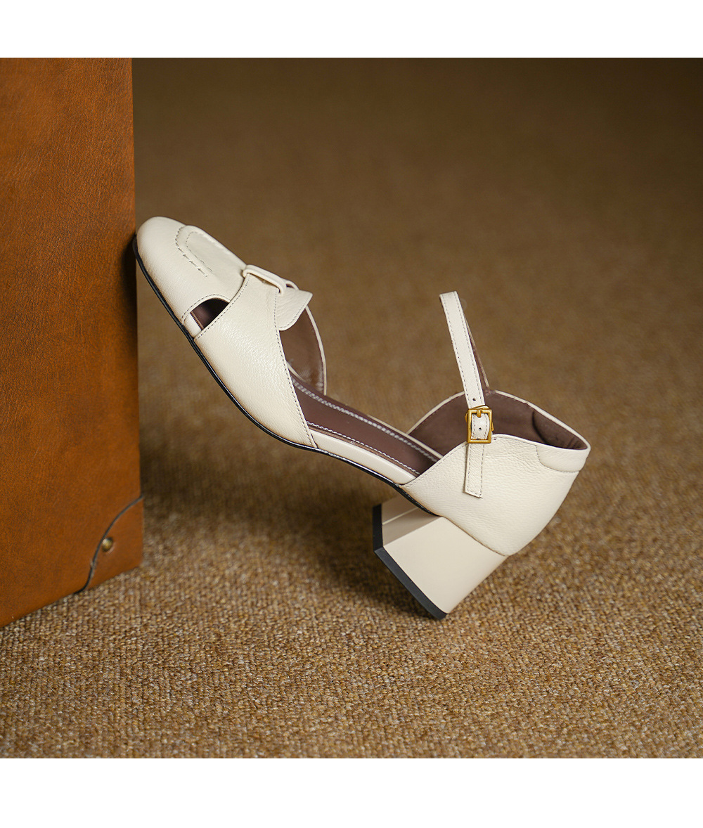 Sandal nữ da dê chạm trổ hoa văn, gót vuông 4,5 cm, mũi vuông hở mũi — đen chi tiết 16