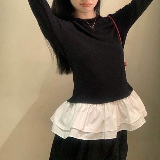 Ballet-Style Lace Patchwork Long-Sleeve T-Shirt for Women, Black Slim-Fit Inner Wear, New Autumn Slimming Base Shirt Top