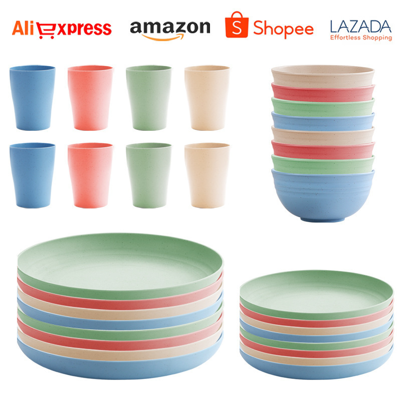 Cross-Border E-Commerce Hot-Selling Plastic Plate, Bowl, and Cup Set, Wheat Straw Bowls and Plates, Portable Household Plates, Bowls, Cups, and Tableware