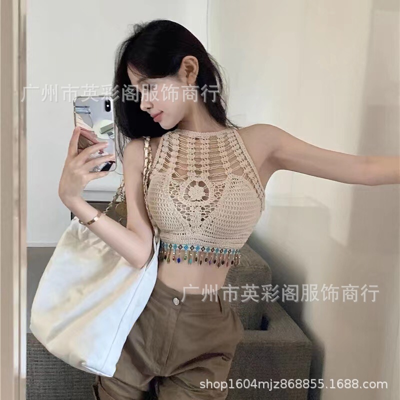 Bohemian Neck Small Vest Sling Women's Summer Short Leaky Shoulder Belt Chest Pad Top Backless Hollow Strapless Embroidered
