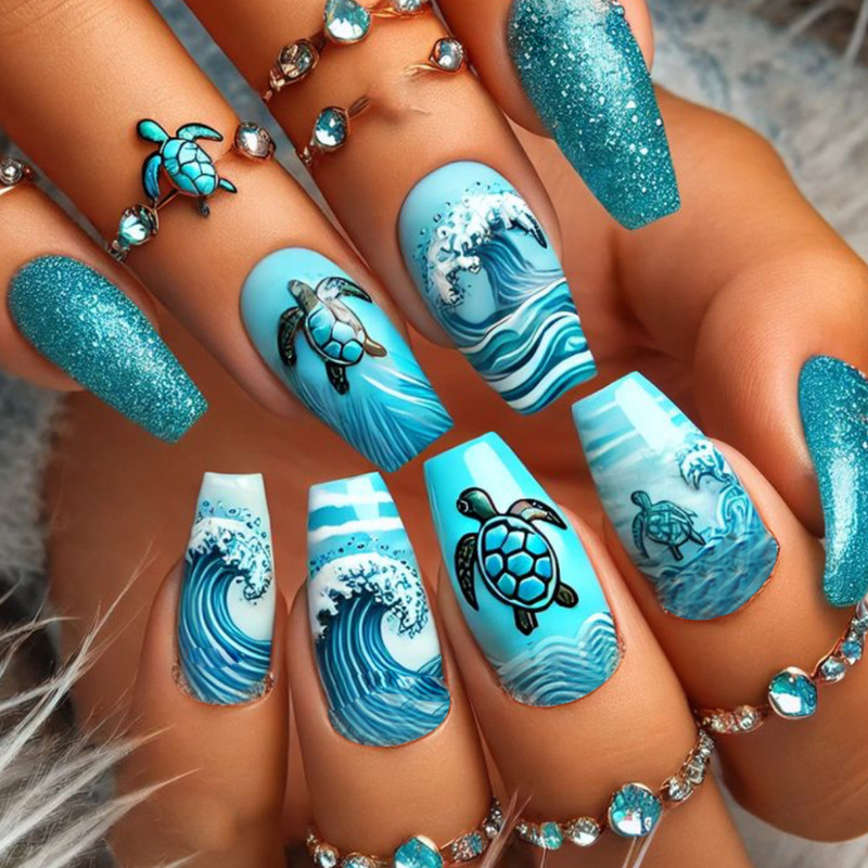 Wearable Nails Mid-Length Ballet Blue Wave Turtle Print Removable Press-On Manicure Reusable Fake Nails