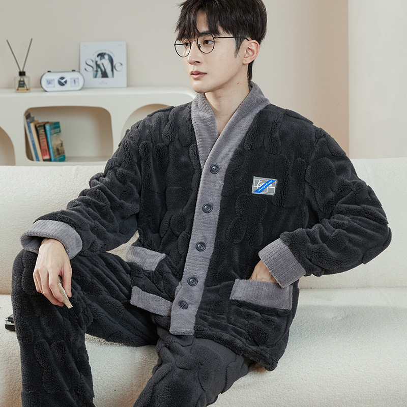 フランネルパジャマ男性は秋冬に保温襟ファスナーを厚くして長袖コーラルベルベットの住宅服カーディガンを厚くした