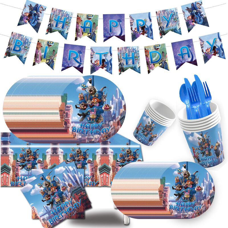 Zootopia 2 Theme Birthday Party Decoration Flag Disposable Paper Plate Paper Cup Tissue Tablecloth Knife Fork Spoon