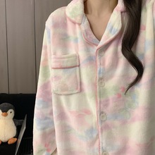 日系少女粉彩晕染蝴蝶大码睡衣女珊瑚绒加厚保暖家居服现货跨境冬