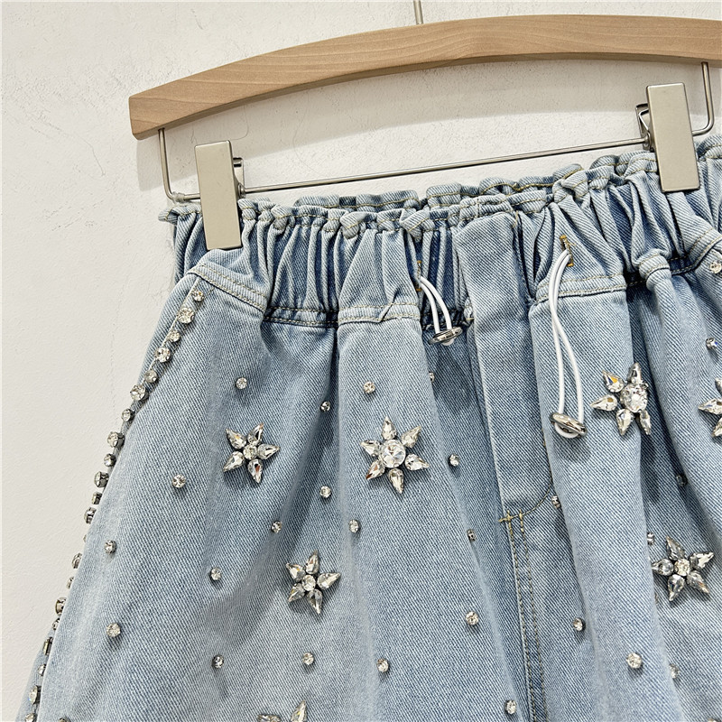Pantalones Cortos de Mezclilla de Pierna Ancha con Cintura Elástica y Diamantes para Verano