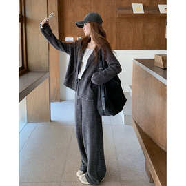 秋冬新款韩系松弛感套装黑灰色条纹开衫卫衣宽松阔腿长裤两件套女