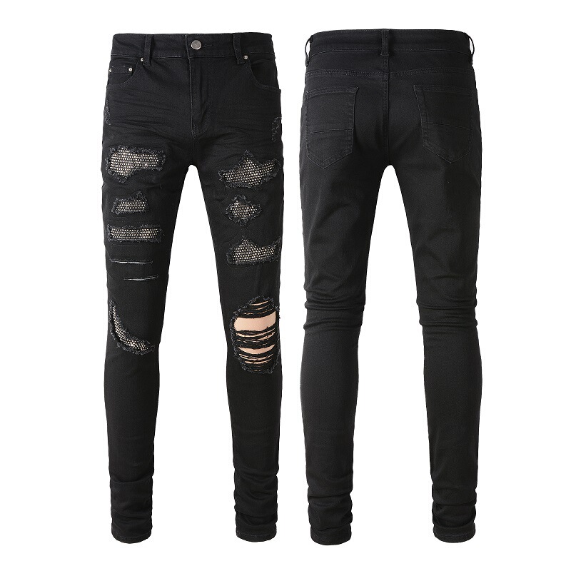 High Street Cross-Border Boyfriend Style Jeans for Men, Black Ripped Jeans with Rhinestones, Stretchy Jeans for Young Men, Slim Fit Men's Pants