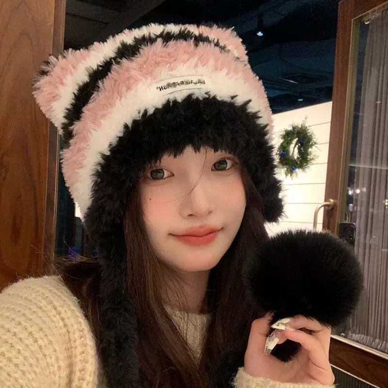 新款冬季拼色条纹毛绒帽护耳帽时尚百搭可爱保暖帽子针织帽女