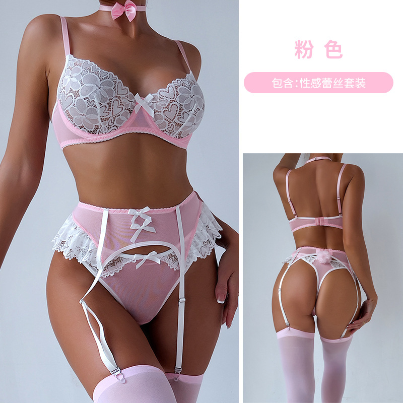 Europa y América sexy lingerie sexy Ladies push up BRA encaje sujetador traje ropa interior traje de criada con anillo de acero en stock