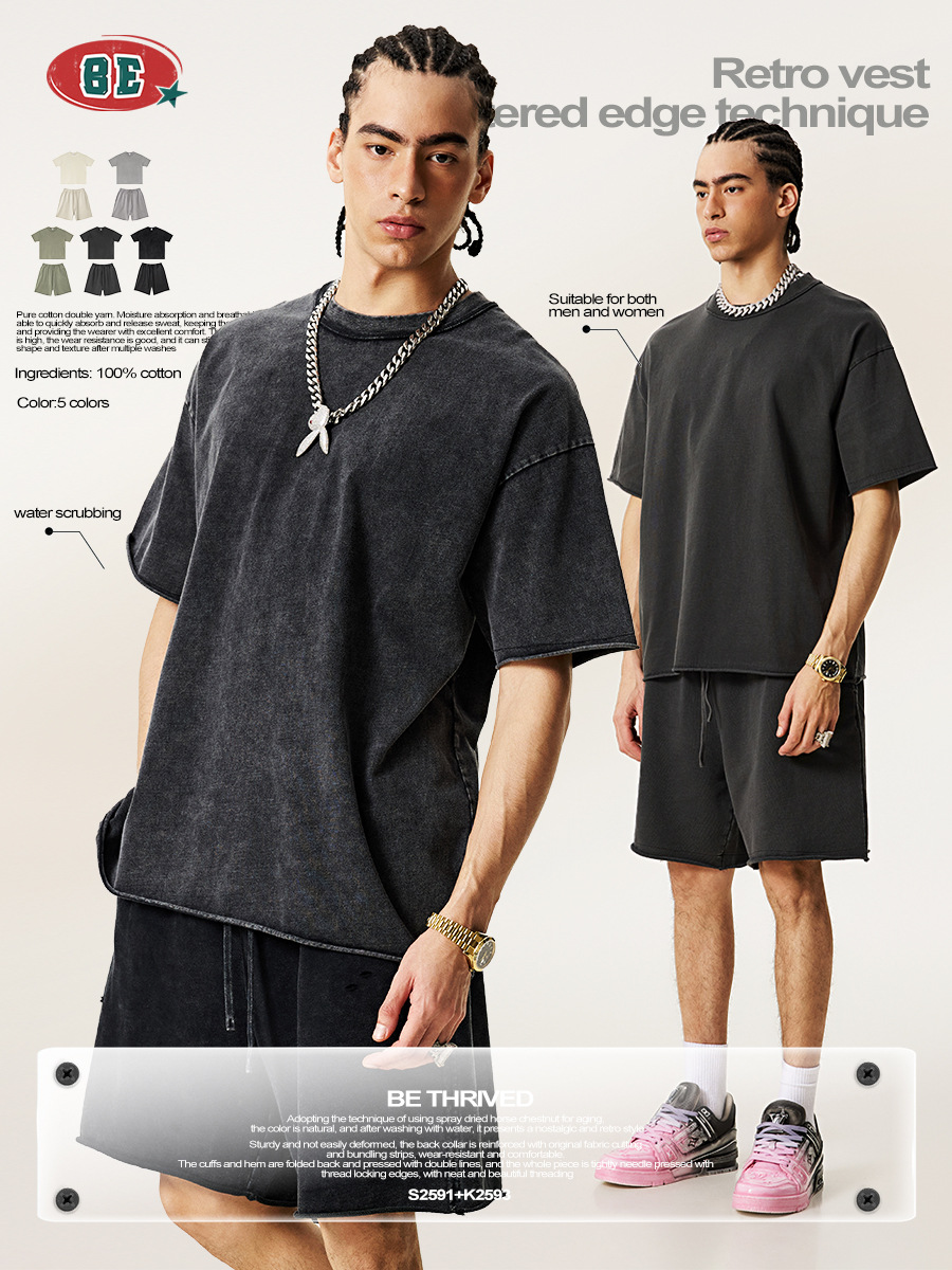 BE ropa de hombre | 2025 verano marca de moda estadounidense pesado anti-coche cuello azul rizado camiseta de manga corta pantalones cortos traje hombre de moda image 3